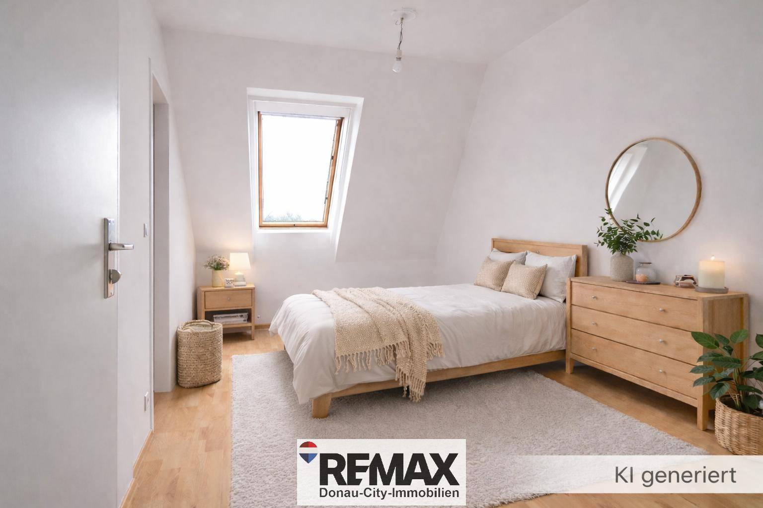 Helles Schlafzimmer mit Dachschräge, Holzbett und einem großen Dachfenster für viel Tageslicht.