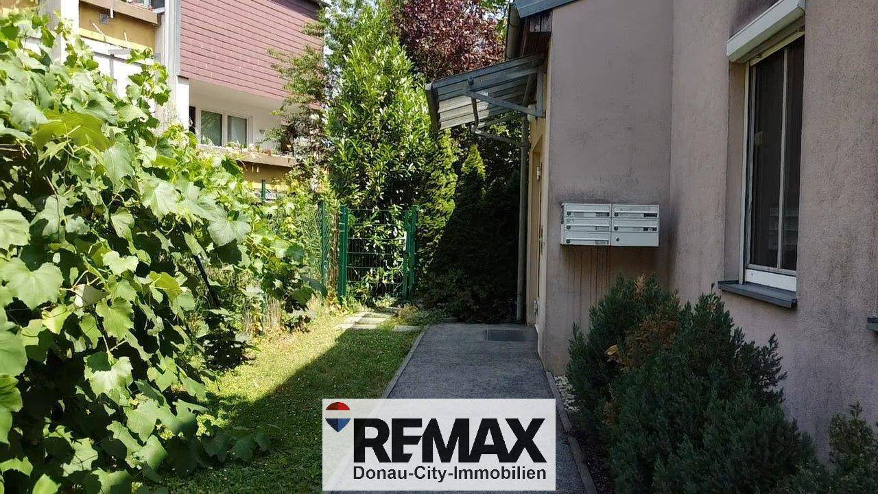 Eingangsbereich des Hauses mit grünem Gartenweg und Briefkästen.