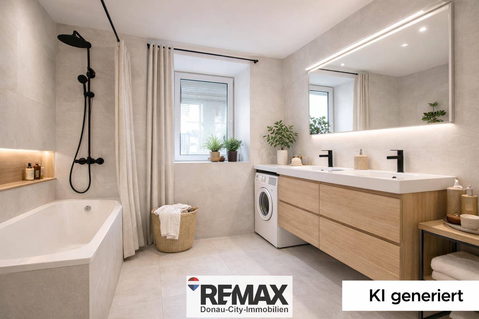 Modernes Badezimmer mit Doppelwaschbecken, Badewanne, Dusche und Waschmaschine.