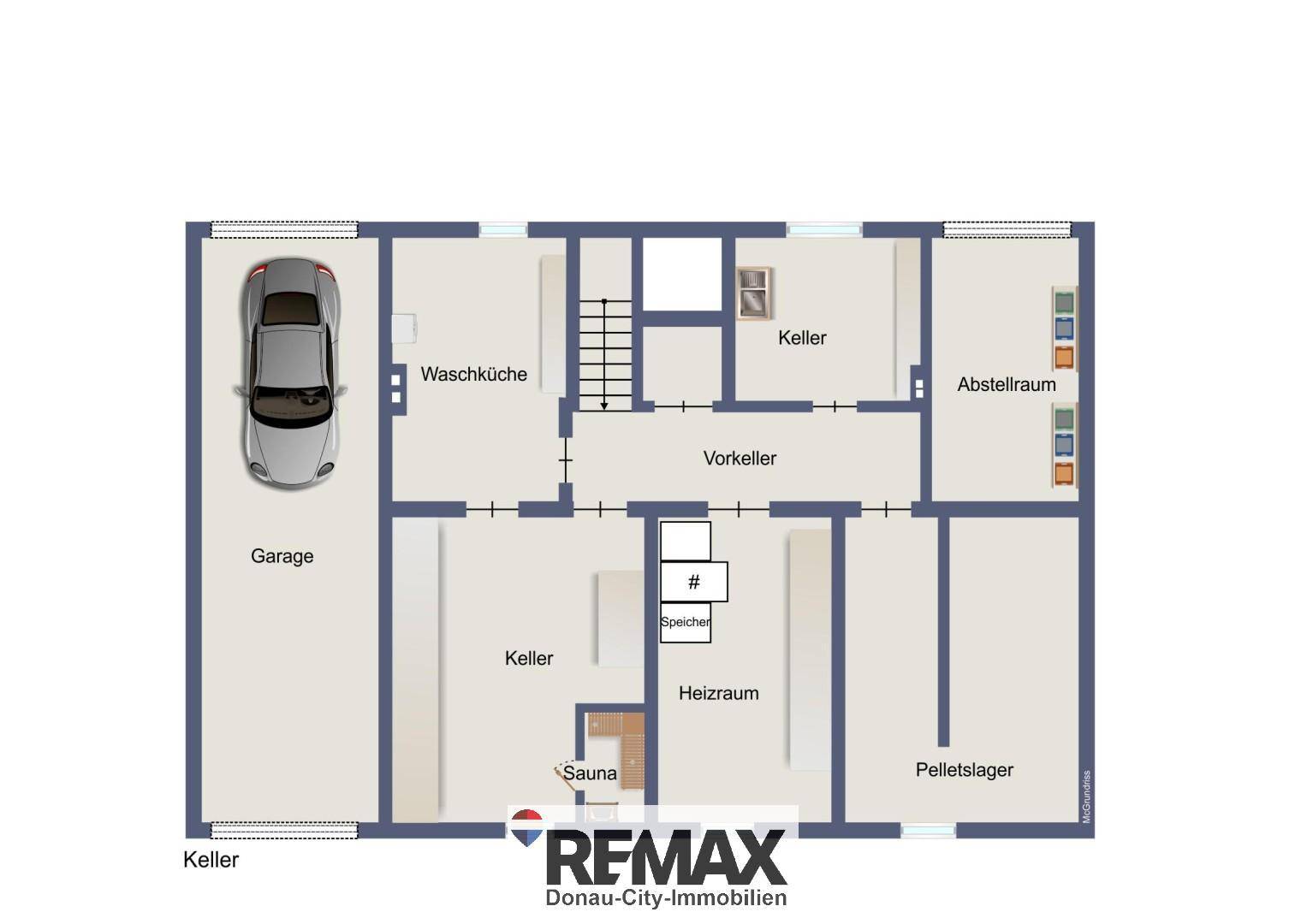 Grundriss des Kellergeschosses mit Garage, Waschküche, Sauna und Heizraum.