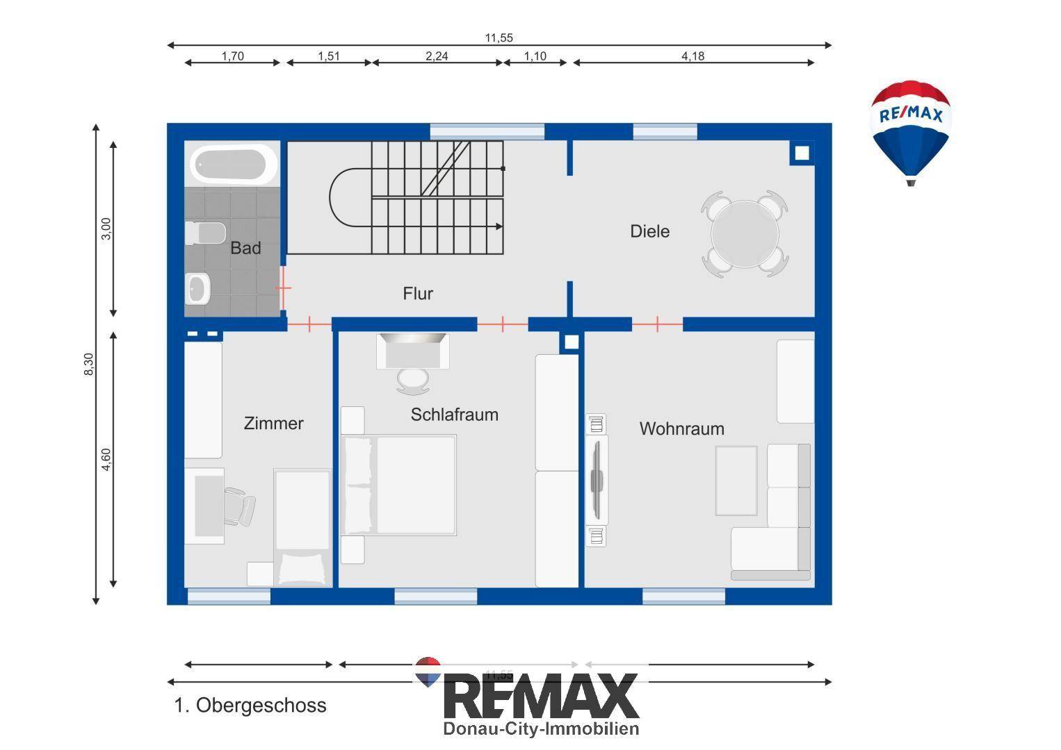 Grundriss des 1. Obergeschosses mit Schlafzimmer, Wohnraum, weiterem Zimmer und Badezimmer.