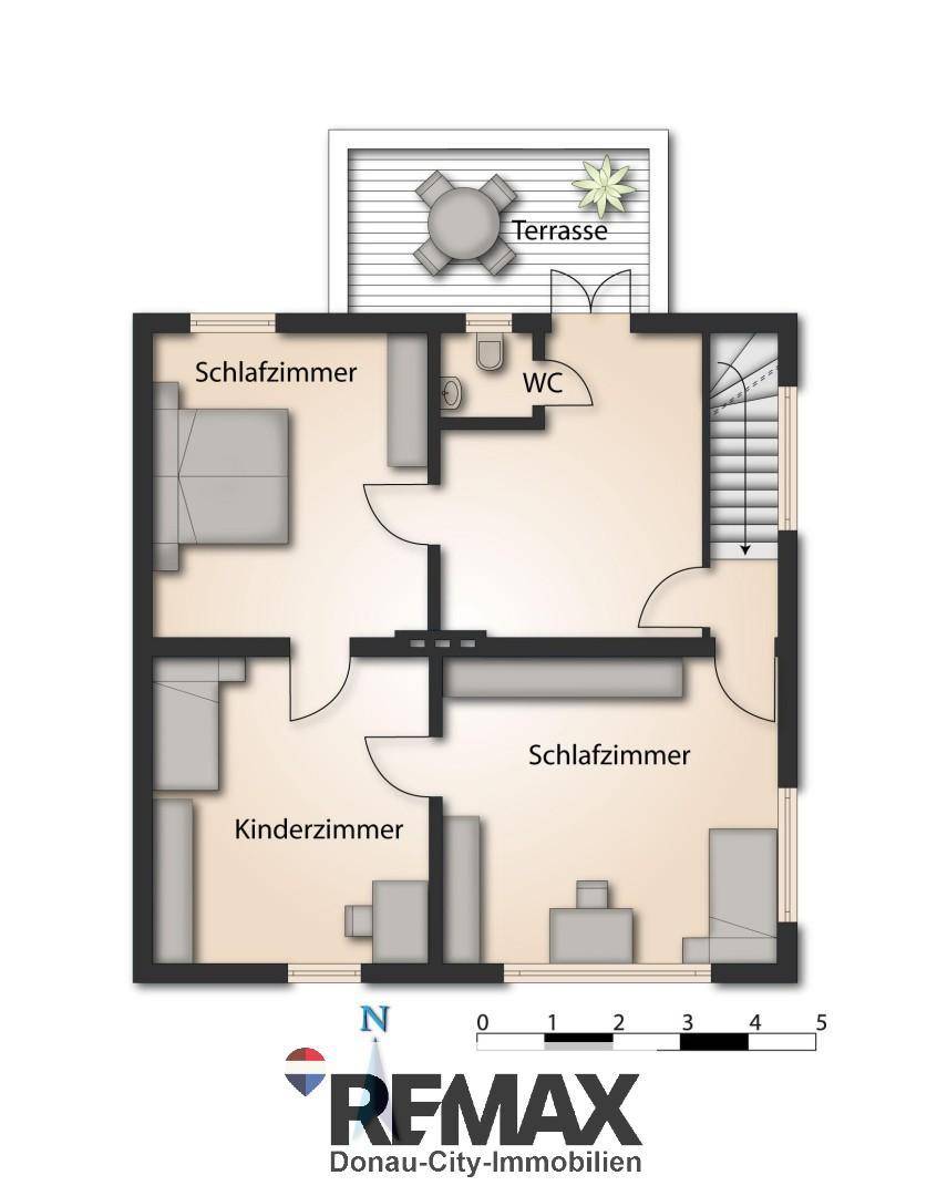 Grundriss des Obergeschosses mit Schlafzimmern, Kinderzimmer und Terrasse.