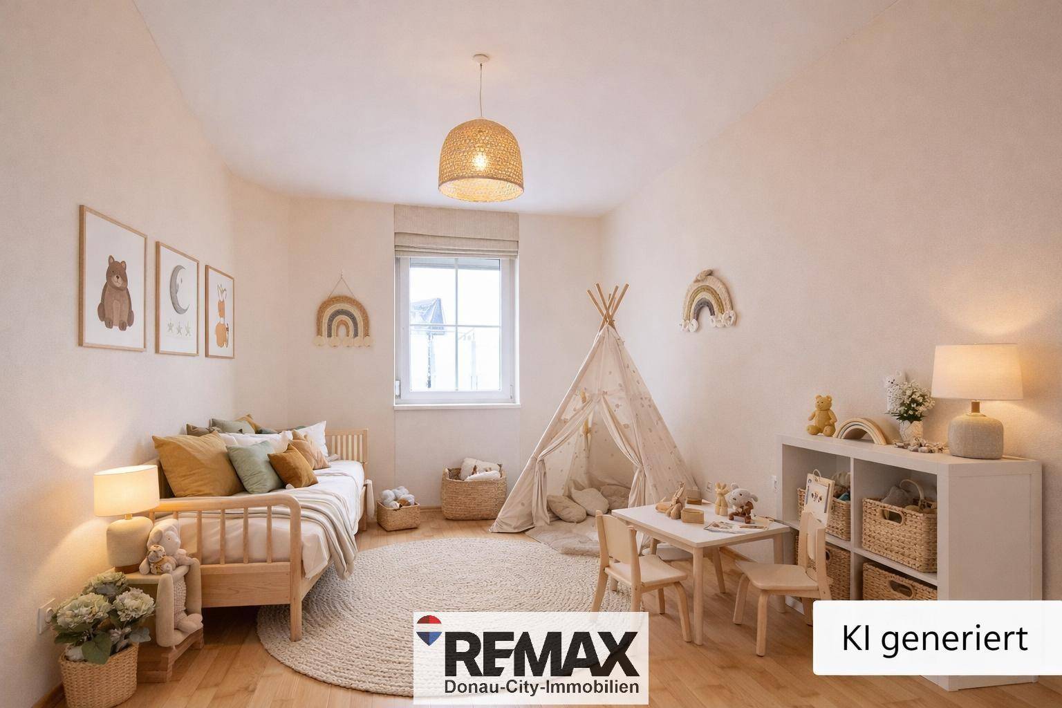 Freundliches Kinderzimmer mit Holzboden, Spielzelt und kindgerechter Dekoration.