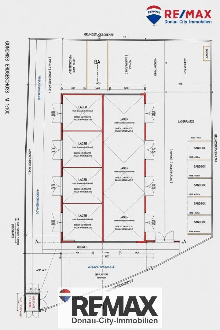 Grundriss des Erdgeschosses mit acht Lagerbereichen und umliegenden Lagerplätzen.