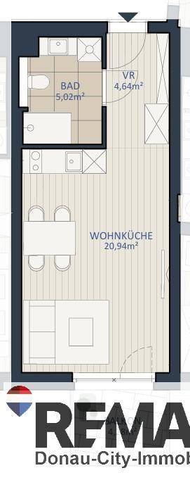 Grundriss einer Wohnung mit offener Wohnküche, Bad und Balkonzugang.