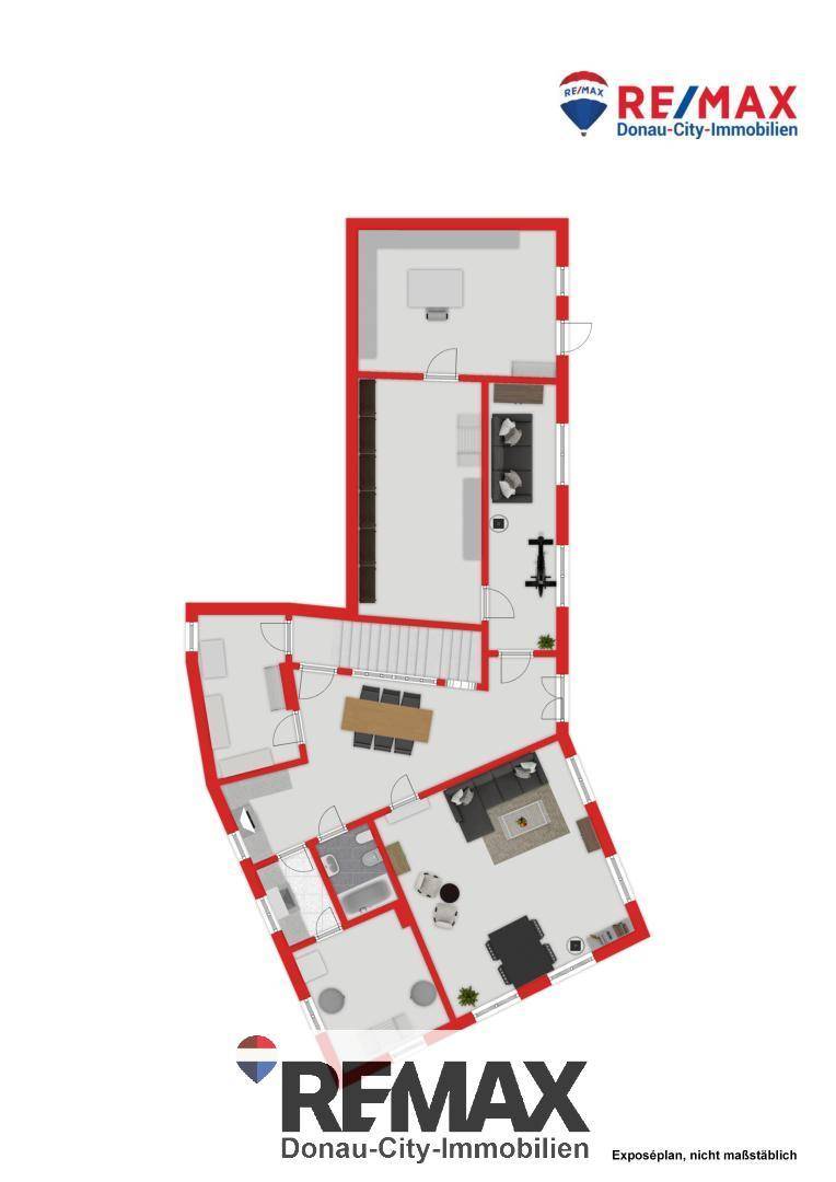 Grundriss des Dachgeschosses mit zusätzlichen Wohnbereichen und Treppenaufgang.
