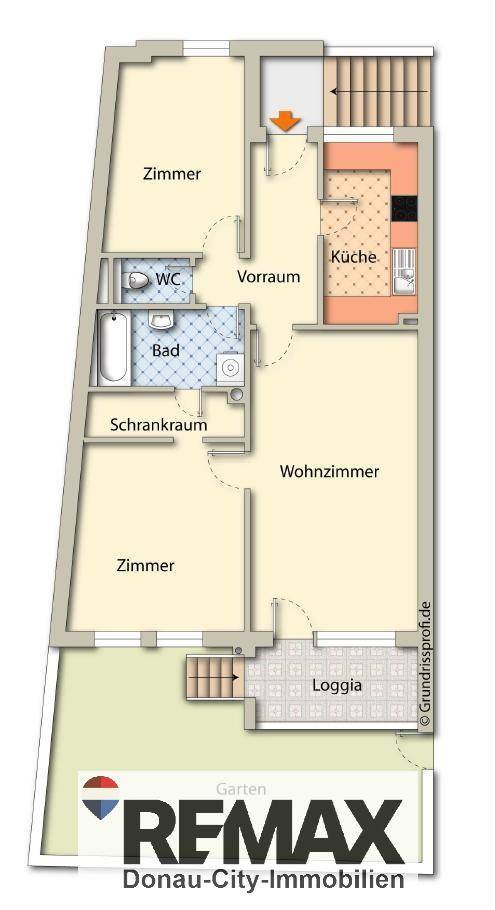 Übersichtlicher Grundriss mit Wohnzimmer, zwei Zimmern, Bad, WC und Loggia mit Garten.