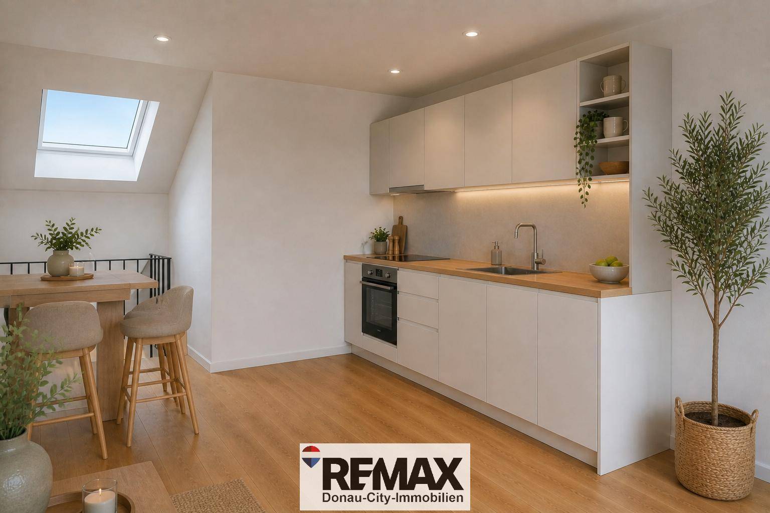 Moderne weiße Küche mit Holz-Arbeitsplatte, integrierten Geräten und einem Frühstücksbereich unter dem Dachfenster.