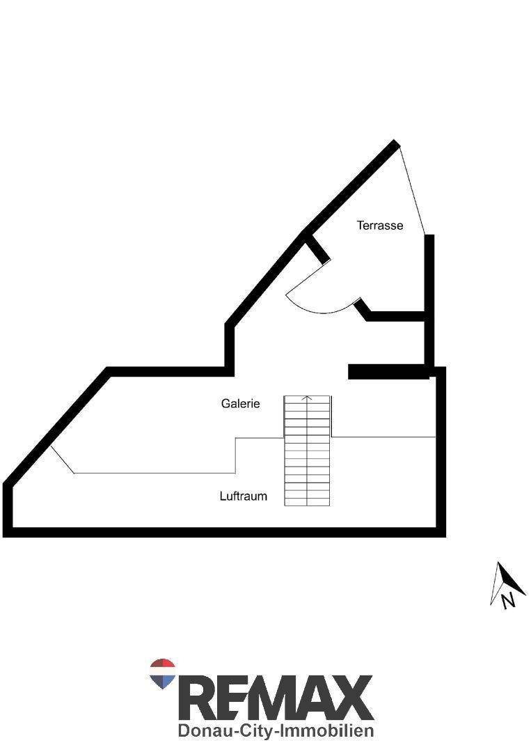 Grundriss der oberen Ebene mit Galerie, Luftraum und einer Terrasse.