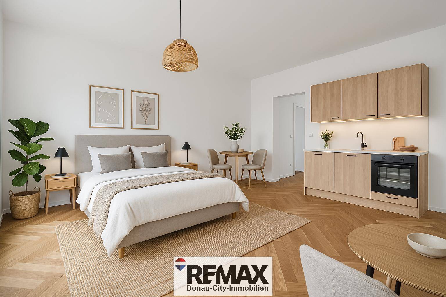 Modernes Schlafzimmer mit integrierter Küchenzeile, Essbereich und Fischgrätparkett.