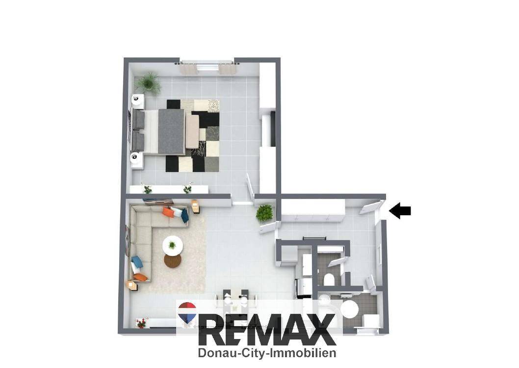 Grundriss einer Wohnung mit Schlafzimmer, Wohnbereich, Küche und Bad, übersichtlich dargestellt.