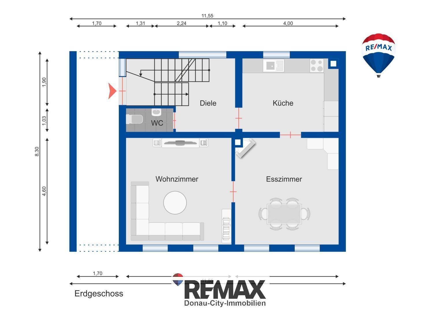 Grundriss des Erdgeschosses mit Wohnzimmer, Esszimmer, Küche und separatem Gäste-WC.