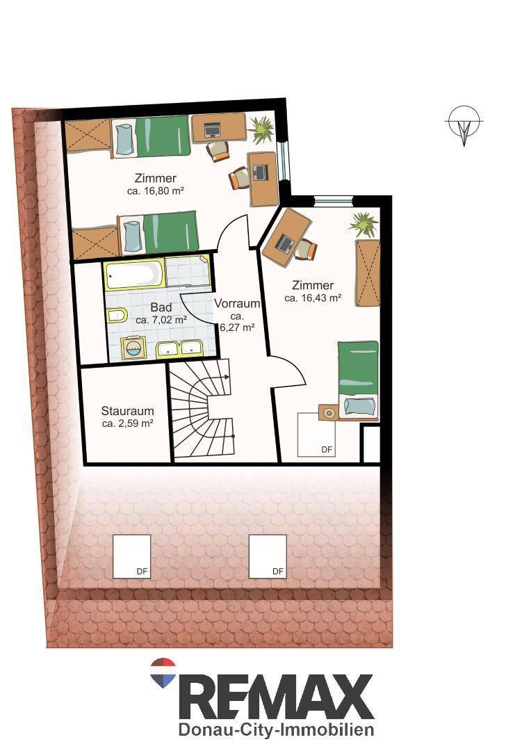 Grundriss des Obergeschosses mit zwei Zimmern, Badezimmer und Stauraum unter der Dachschräge.
