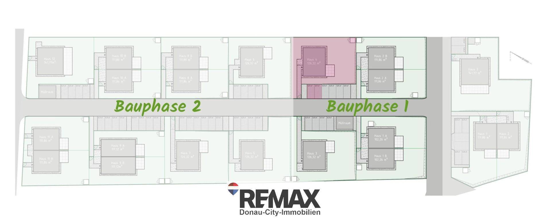 Übersichtsplan der Wohnsiedlung mit hervorgehobener Parzelle in Bauphase 1.