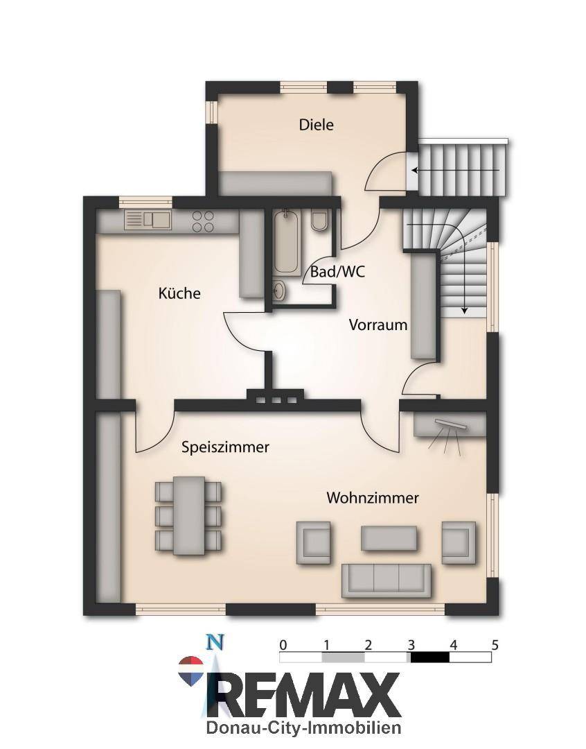 Grundriss des Erdgeschosses mit Küche, Wohnzimmer, Esszimmer und Bad/WC.
