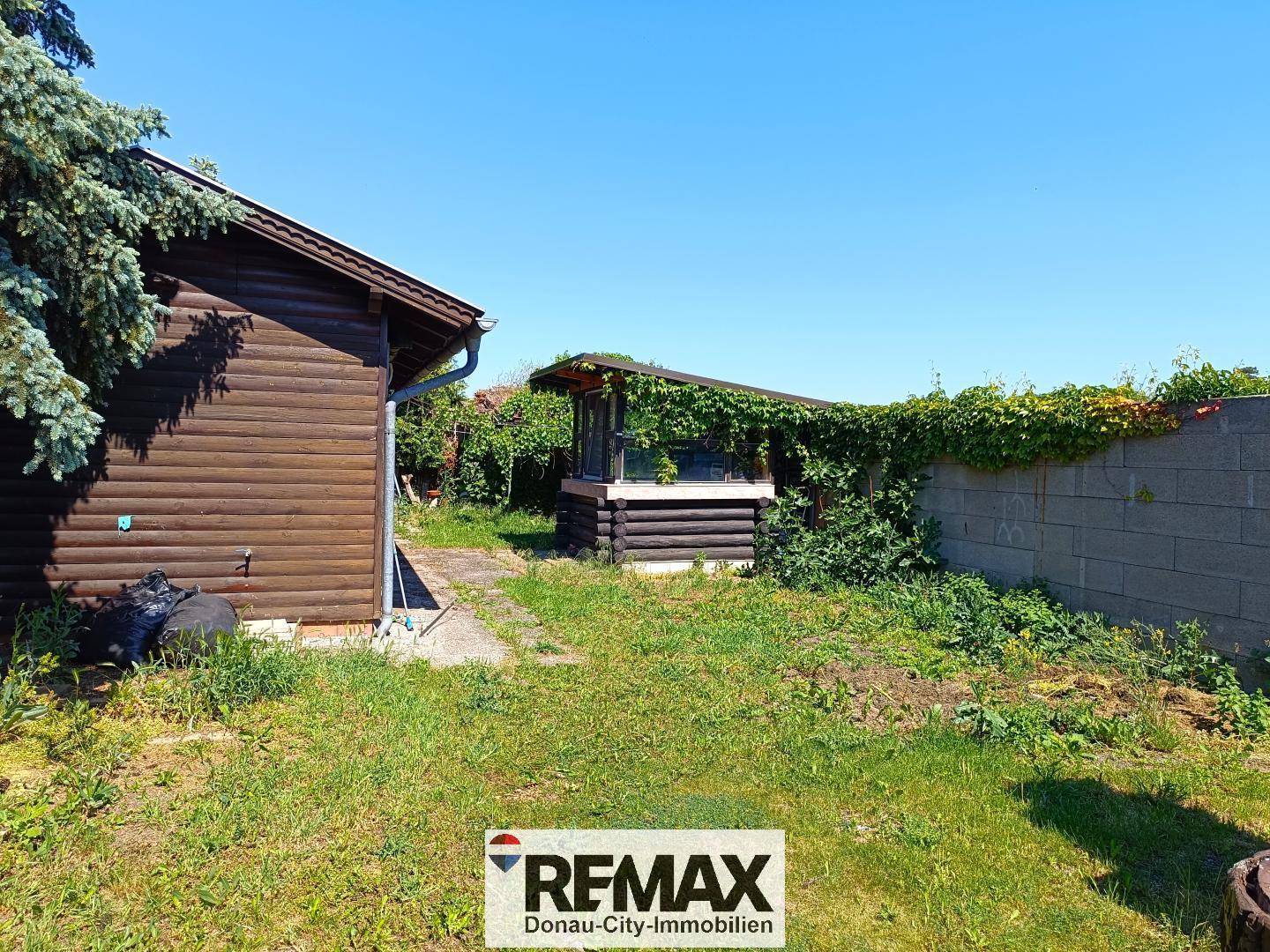 Weitläufiger Garten mit Holzhütte und einer bewachsenen Mauer unter strahlend blauem Himmel.