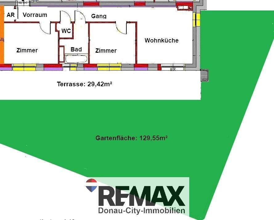 Grundriss der Wohnung mit Zimmern, Wohnküche, Terrasse und Gartenfläche.