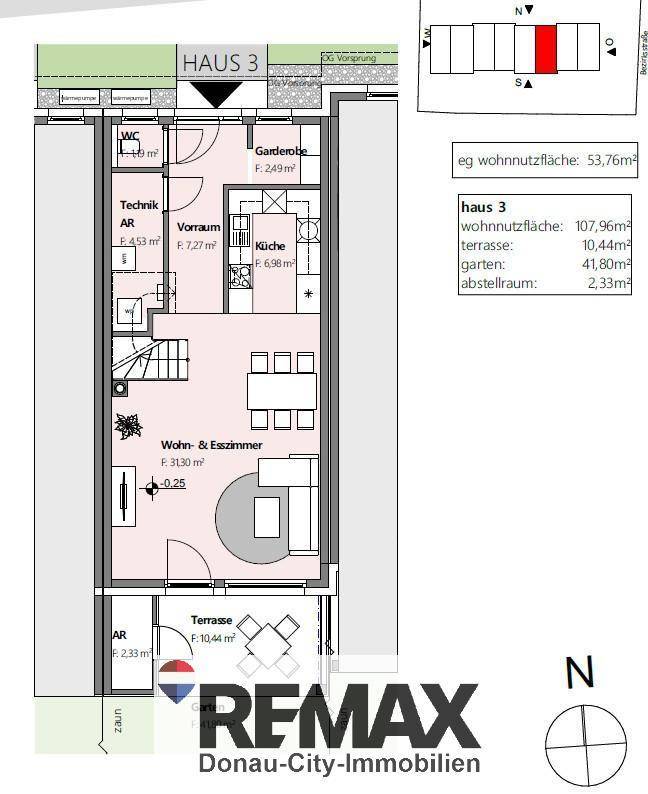 Grundriss des Erdgeschosses von Haus 3 mit offenem Wohn-Essbereich, Küche und Terrasse.