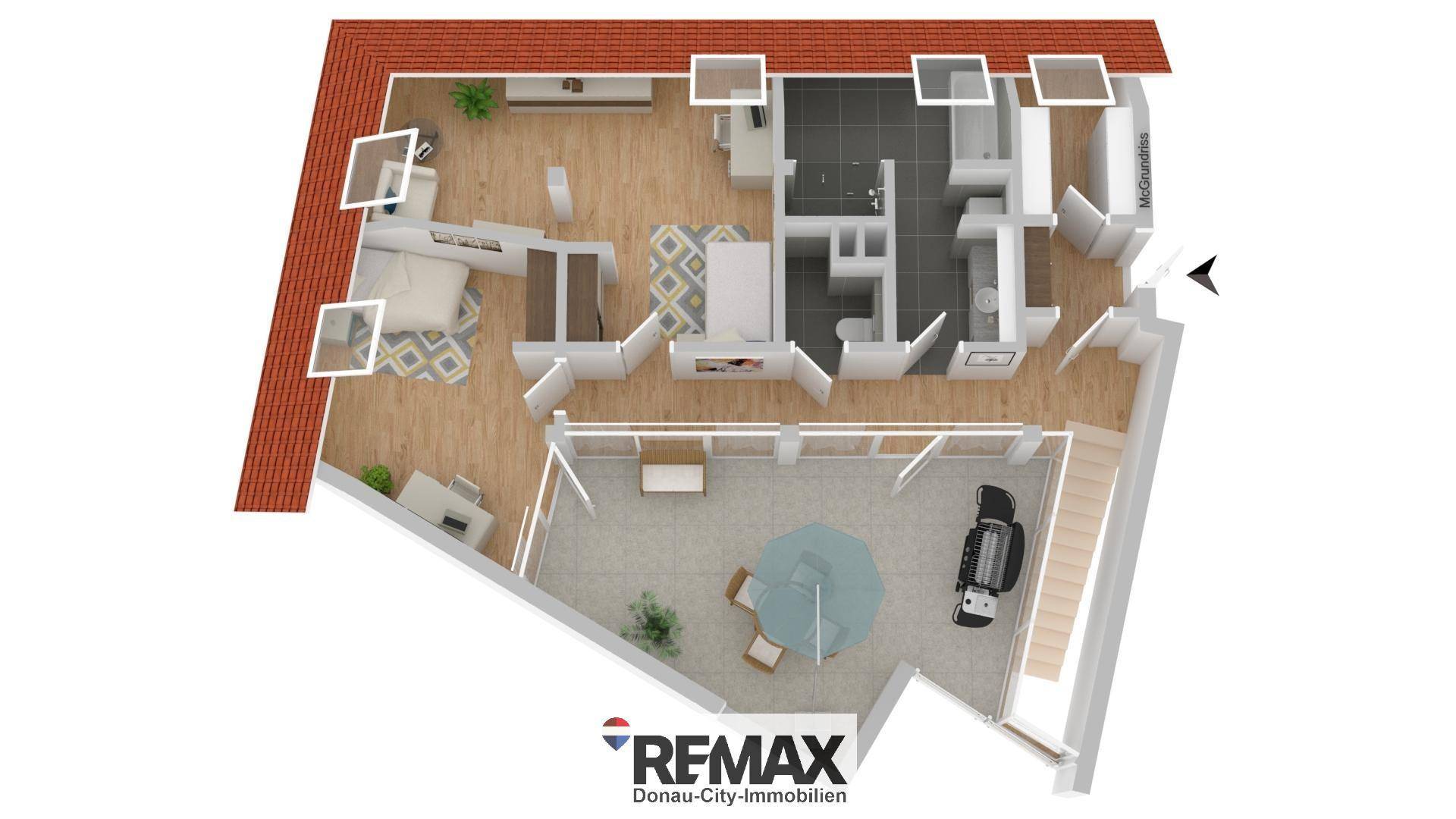 Anschaulicher Grundriss einer Dachgeschosswohnung mit Terrasse, Schlafzimmer und Bad.