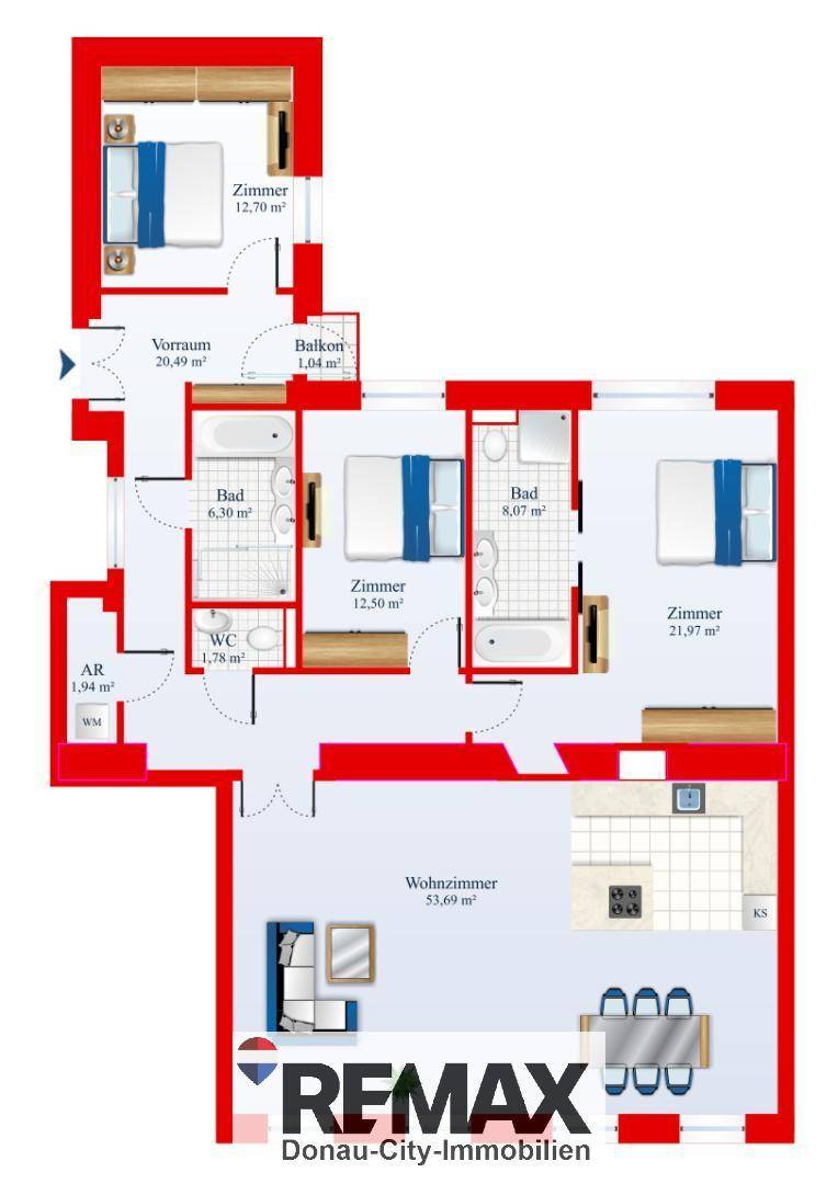 Detaillierter Grundriss einer Wohnung mit mehreren Zimmern, zwei Bädern und einem Balkon.
