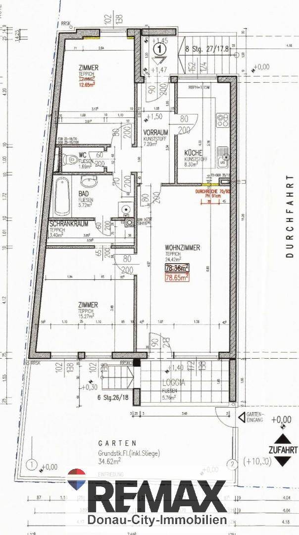 Technischer Grundriss mit Maßen, Wohnzimmer, zwei Zimmern, Bad, WC und Loggia mit Garten.