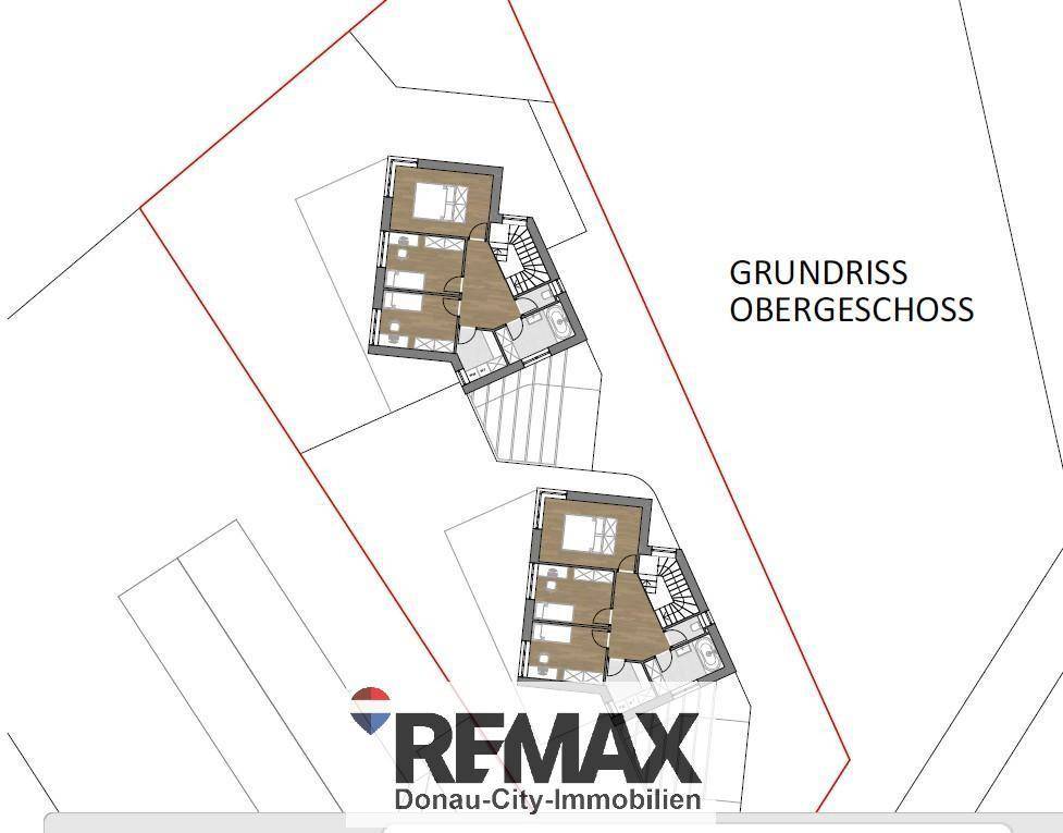Grundriss des Obergeschosses für zwei Wohneinheiten mit Schlafzimmern und Bädern.
