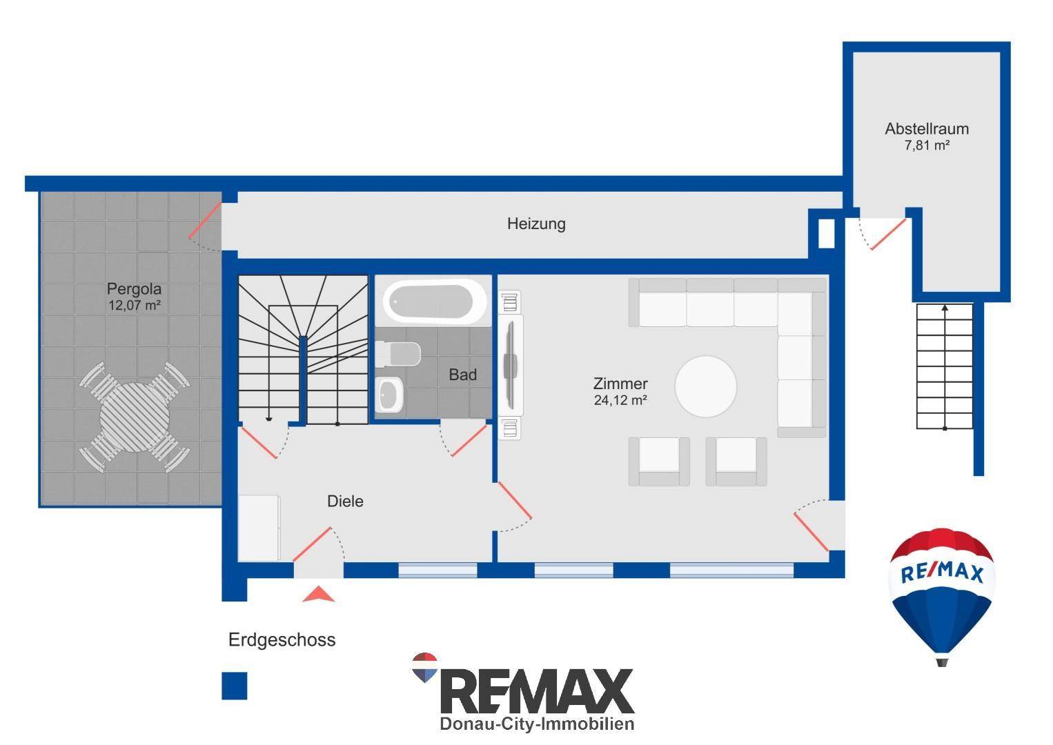 Grundriss des Erdgeschosses mit Zimmer, Bad, Diele und Pergola.