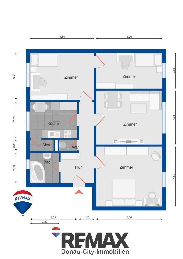 Grundriss einer Wohnung mit mehreren Zimmern, Küche, Bad und WC, inklusive Maßen.