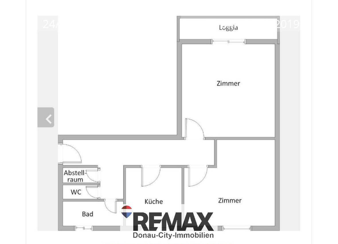 Grundrissplan einer Wohnung mit Zimmern, Küche, Bad, WC, Abstellraum und Loggia.