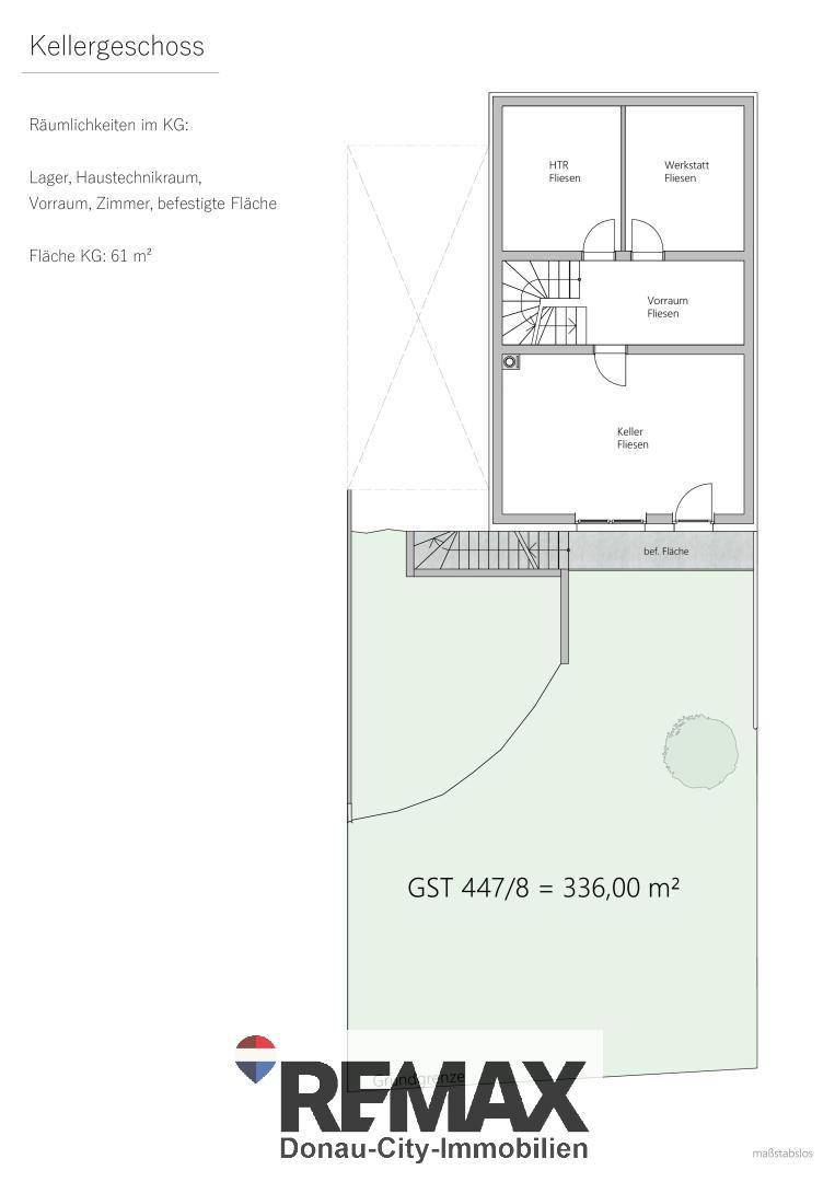 Grundriss des Kellergeschosses mit Lagerraum, Haustechnikraum, Werkstatt und Außenbereich.