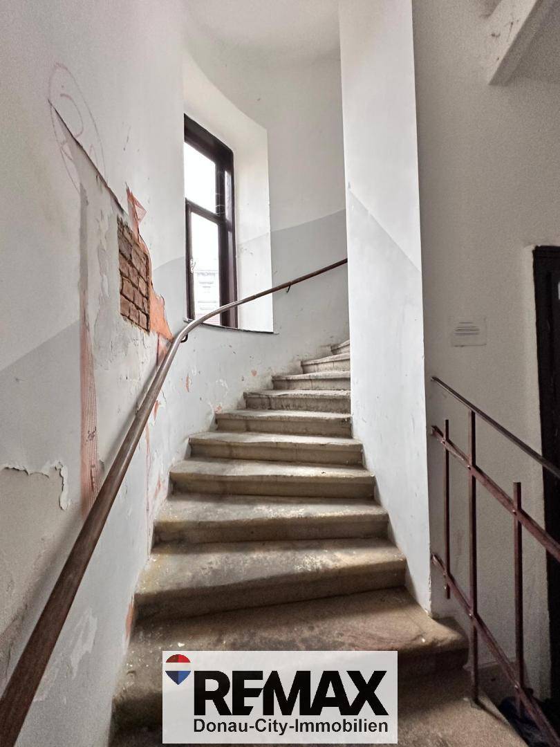 Altes Treppenhaus mit abgenutzten Steinstufen und sichtbaren Schäden an den Wänden, das eine Renovierung benötigt.