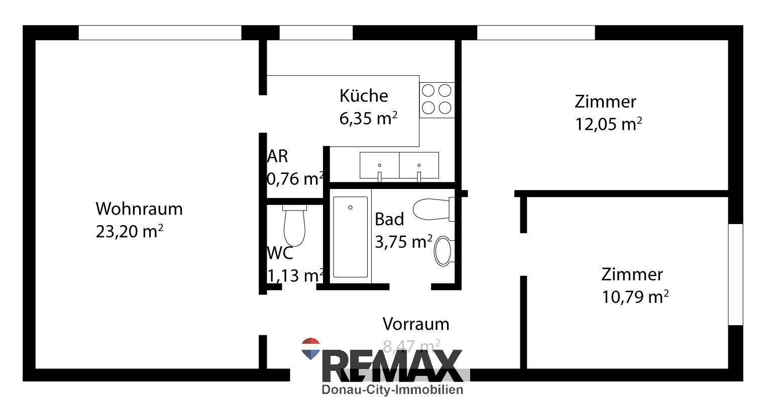 Grundriss der Wohnung mit Wohnzimmer, Küche, Bad, WC und zwei weiteren Zimmern.