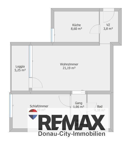 Grundriss der Wohnung mit Küche, Wohnzimmer, Schlafzimmer, Bad und Loggia.