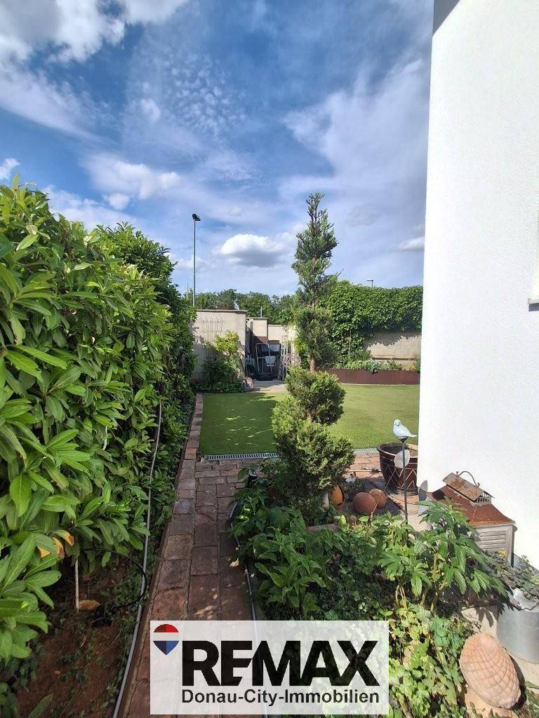 Schmaler Gartenweg führt durch üppige Bepflanzung zu einem hinteren Bereich mit Rasen.