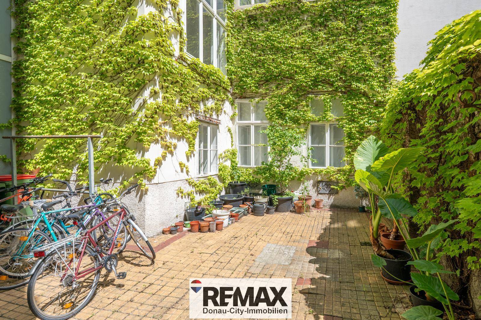 Grüner Innenhof mit Efeubewuchs, vielen Pflanzen und Abstellmöglichkeiten für Fahrräder.