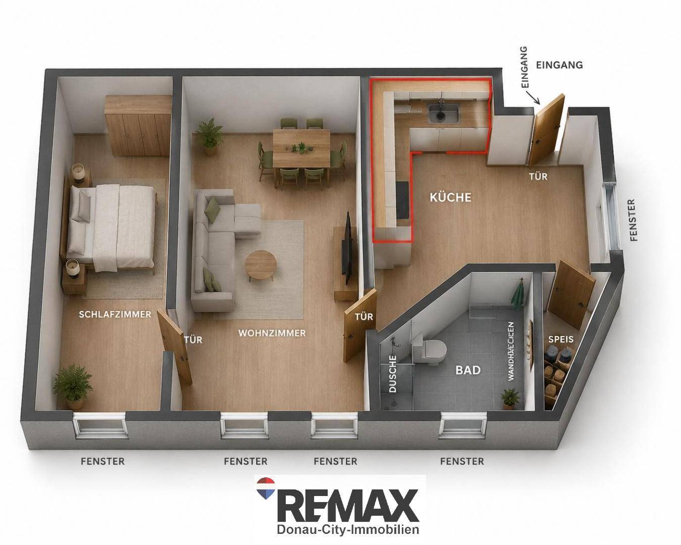 Detaillierter Grundriss einer Wohnung mit Schlafzimmer, Wohnzimmer, Küche und Bad.