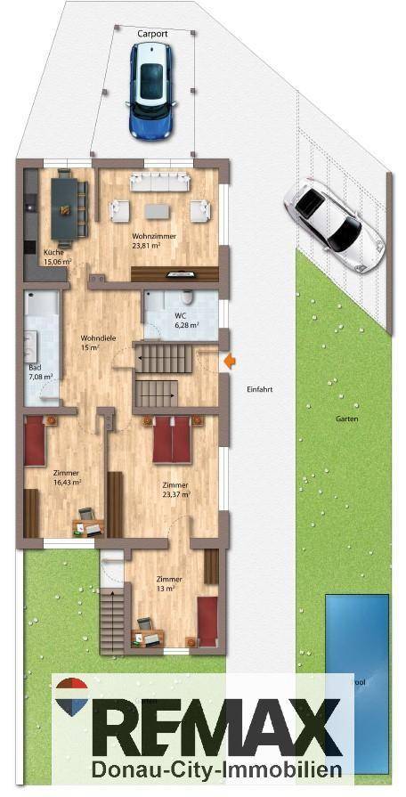 Detaillierter Grundriss des Erdgeschosses mit Carport, Garten und Poolbereich.