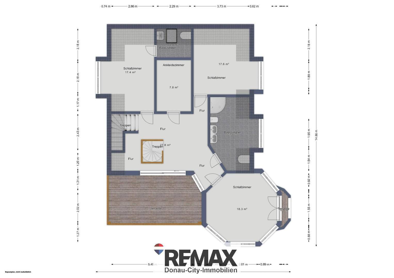 Grundriss des Obergeschosses mit drei Schlafzimmern, Ankleidezimmer, Bad und Balkon.