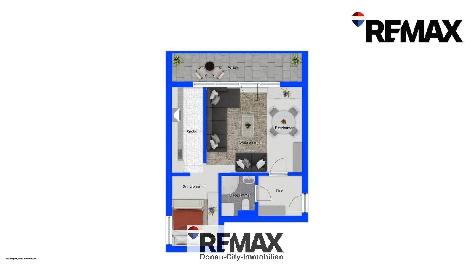 Detaillierter Grundriss einer Wohnung mit Balkon, Schlafzimmer und offenem Wohnbereich.