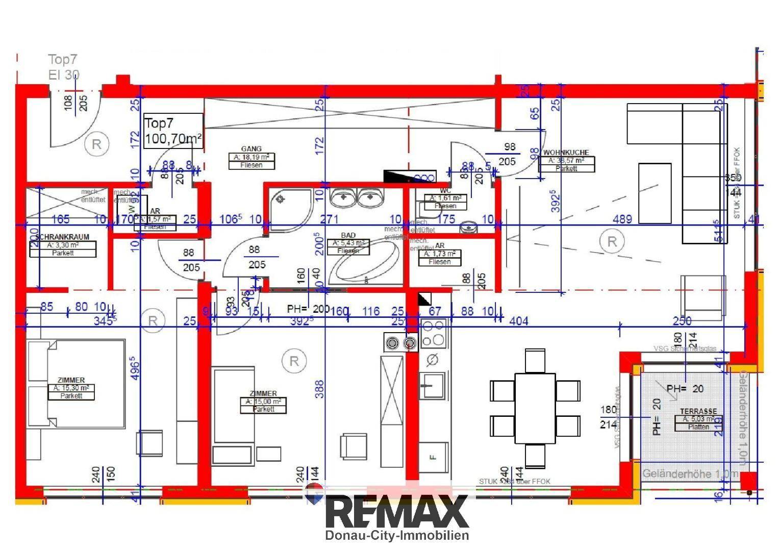 Detaillierter Grundriss einer Wohnung mit Zimmeraufteilung, Maßen und einer Terrasse.