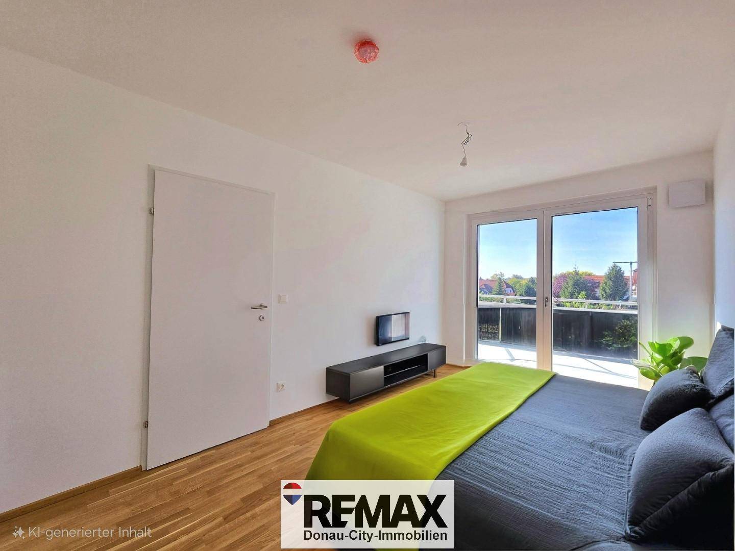 Helles Schlafzimmer mit Holzboden, Bett und direktem Zugang zu einem Balkon.