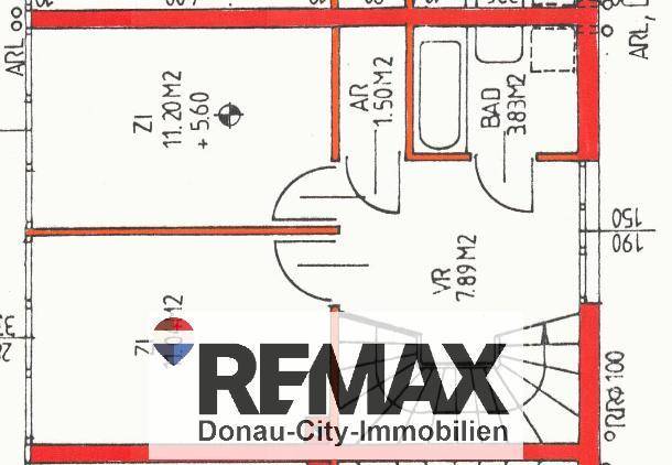 Grundriss des Obergeschosses mit Bad, Zimmer und Abstellraum.