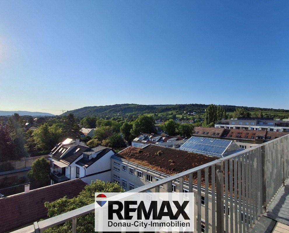 Panoramablick von einem Balkon über eine Wohngegend mit grünen Hügeln im Hintergrund.