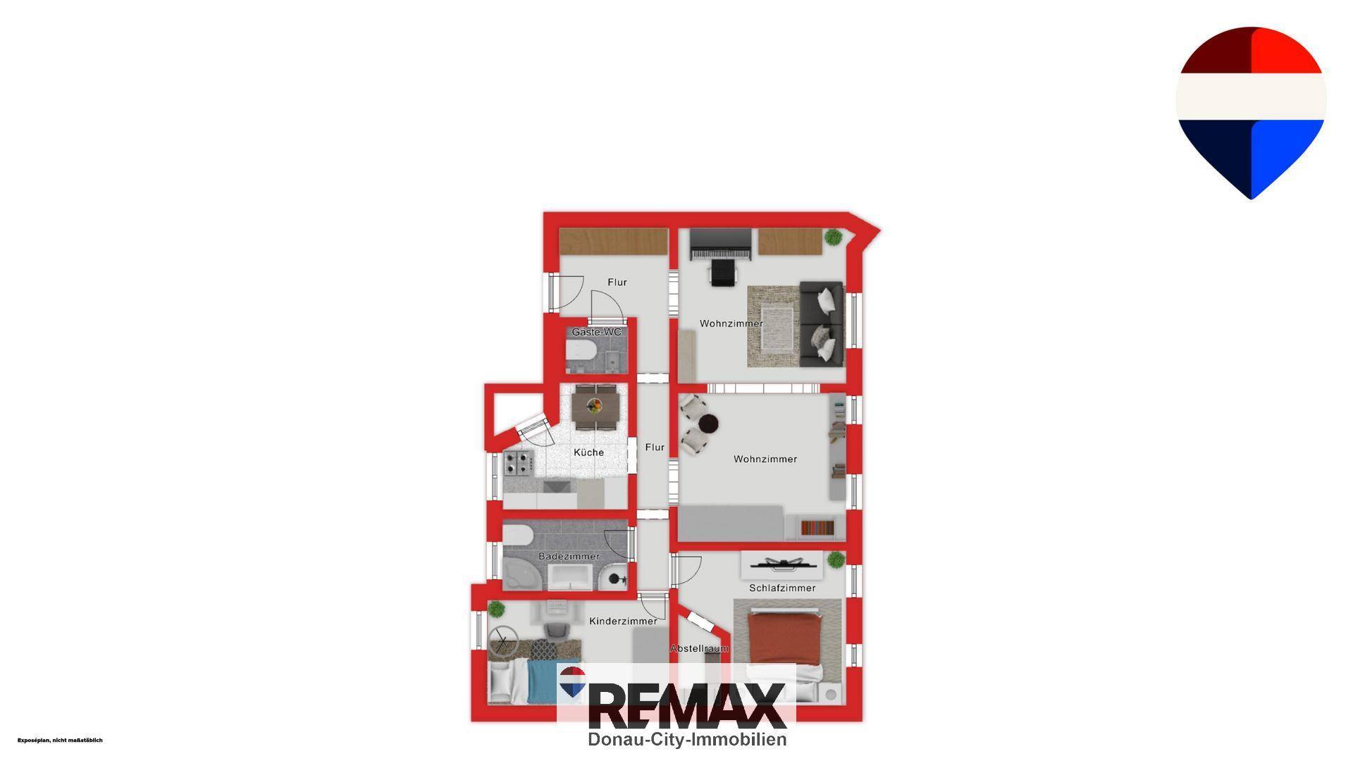 Grundriss der Wohnung mit mehreren Zimmern, Balkon und offenem Wohnbereich.
