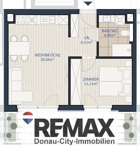 Grundriss einer Wohnung mit offener Wohnküche, einem Zimmer und Bad/WC.