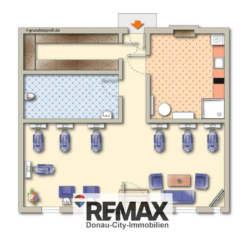 Grundriss des Friseursalons mit Styling-Bereichen, Wartezone und Nebenräumen.