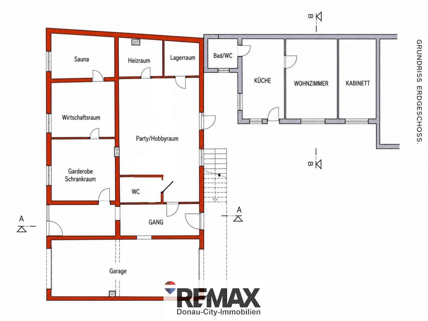 Grundriss des Erdgeschosses mit Garage, Sauna, Heizraum und einem großen Hobbyraum.