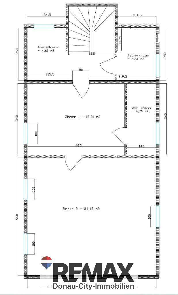 Grundriss des Untergeschosses mit zwei Zimmern, Abstellraum, Technikraum und Werkstatt.