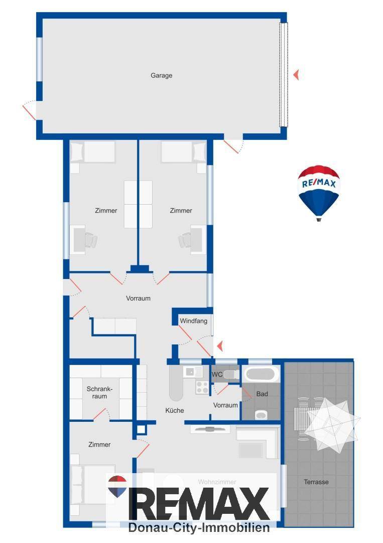 Grundriss des Hauses mit mehreren Zimmern, Küche, Bad, WC, Terrasse und Garage.