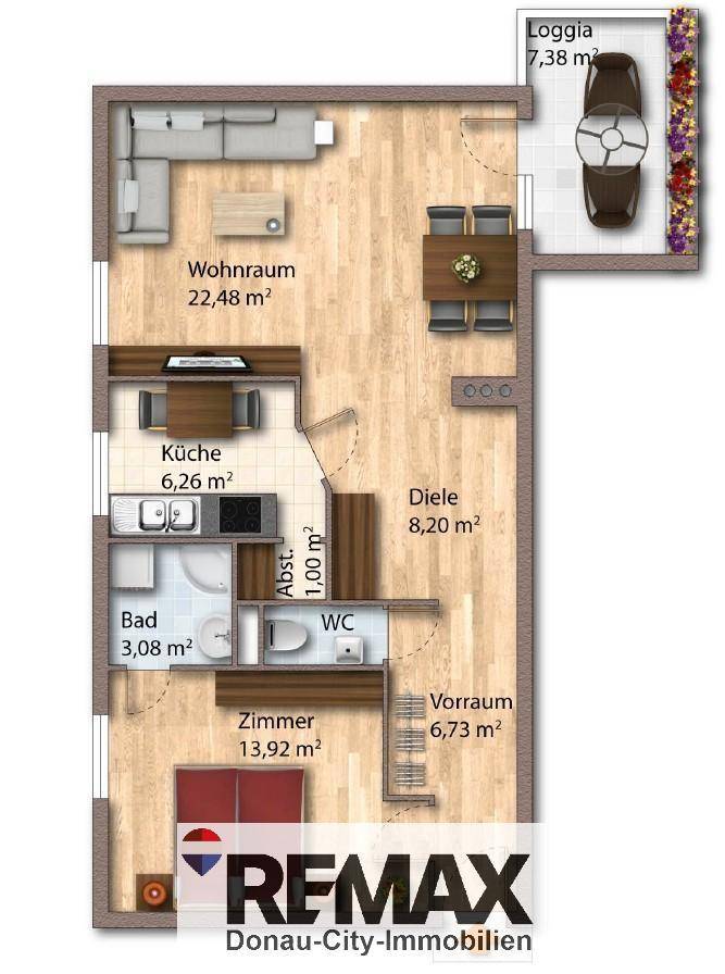 Detaillierter Grundriss einer Wohnung mit Wohnzimmer, Küche, Bad und Loggia.